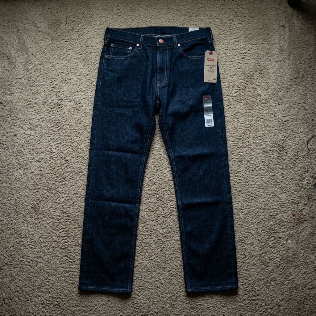 Jeans photographed flat on a carpet at home — a typical reseller product photo before editing