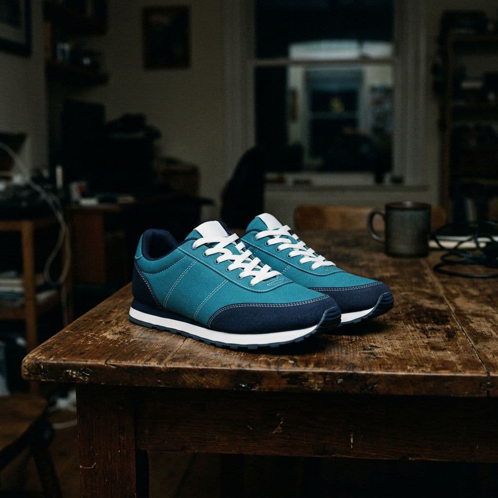 Original sneaker product photo taken at home on a wooden table, before background removal