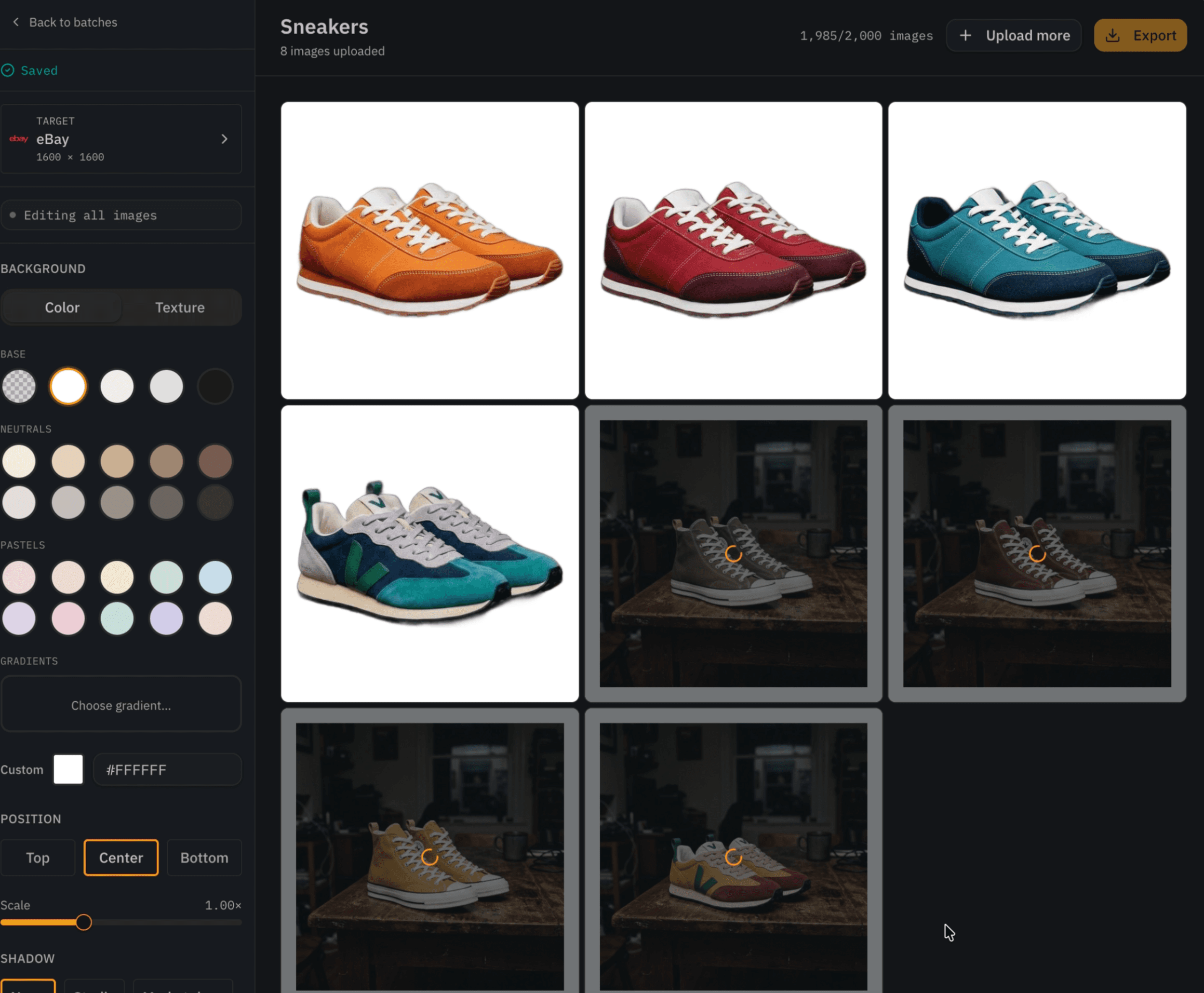 ProductScene batch editor processing a sneaker batch — background removal and eBay 1600×1600 resizing running across all product photos at once